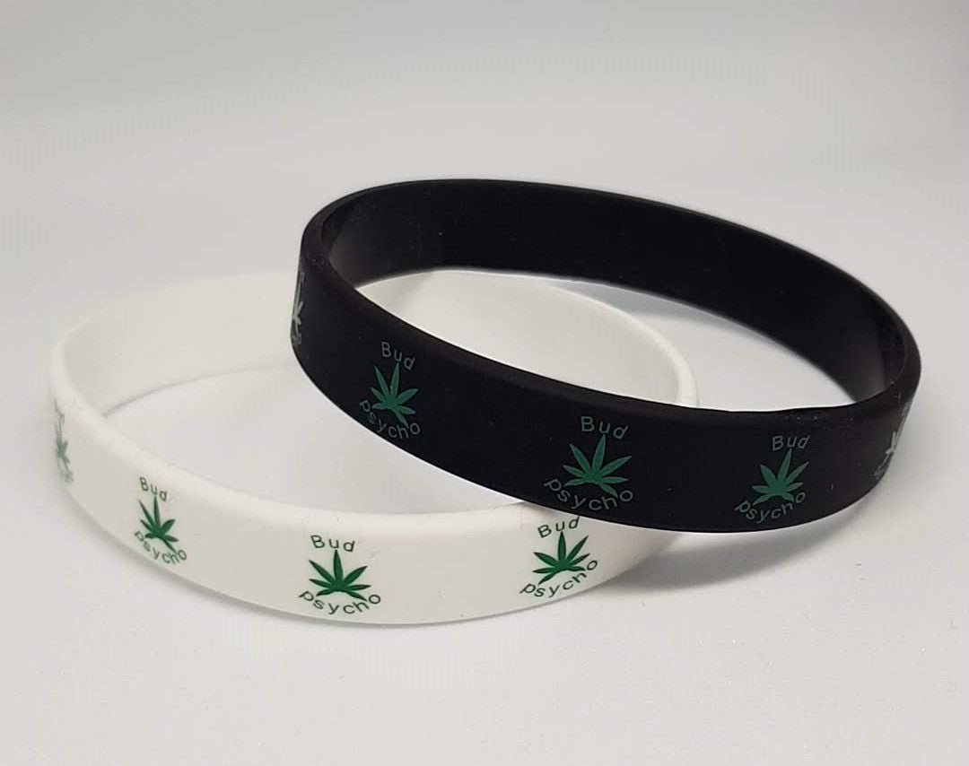 BUD PSYCHO SILICONE WRISTBANDS RUBBER BLACK WHITE BANDS ADULT WEED LEAF UNISEX